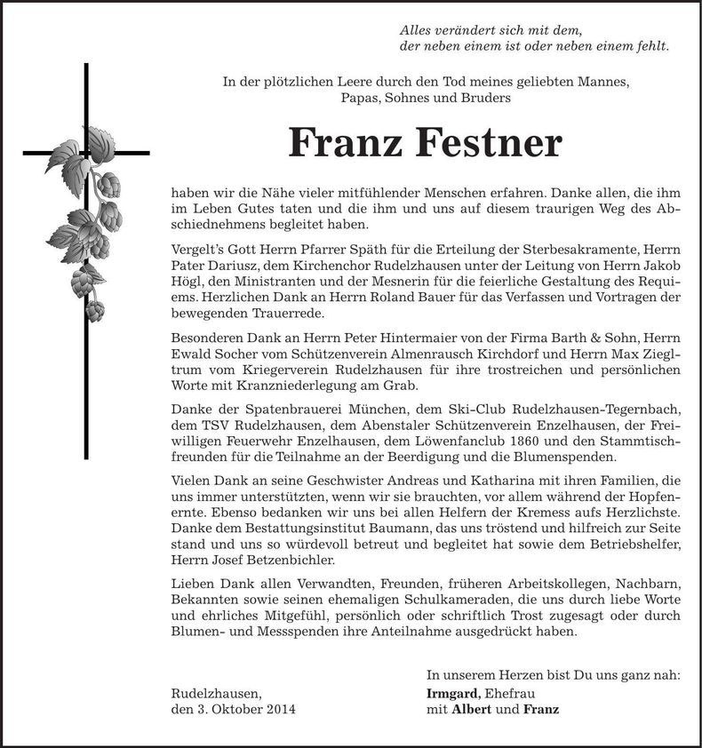 Traueranzeige Franz Festner