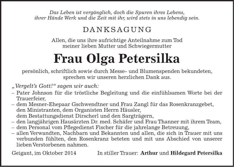 Traueranzeige Olga Petersilka