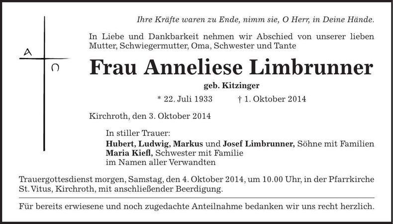 Traueranzeige Anneliese Limbrunner