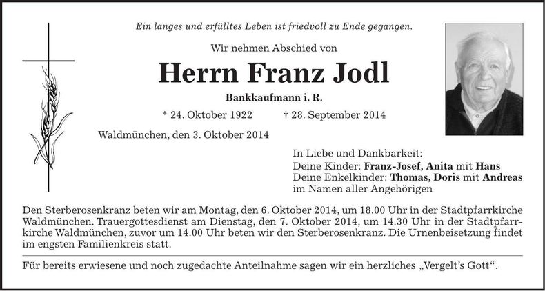 Traueranzeige Franz Jodl