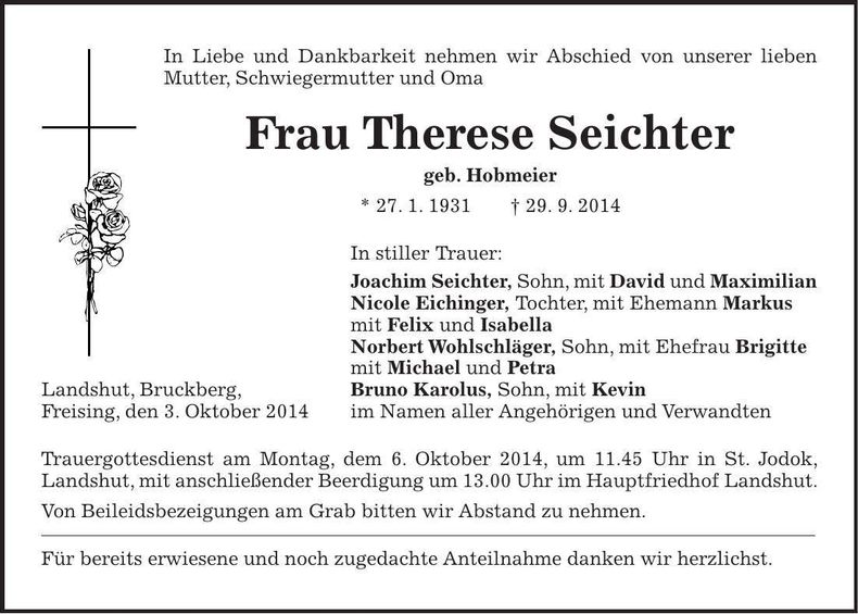 Traueranzeige Therese Seichter