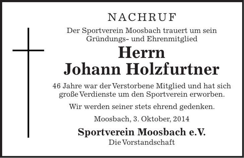 Traueranzeige Johann Holzfurtner