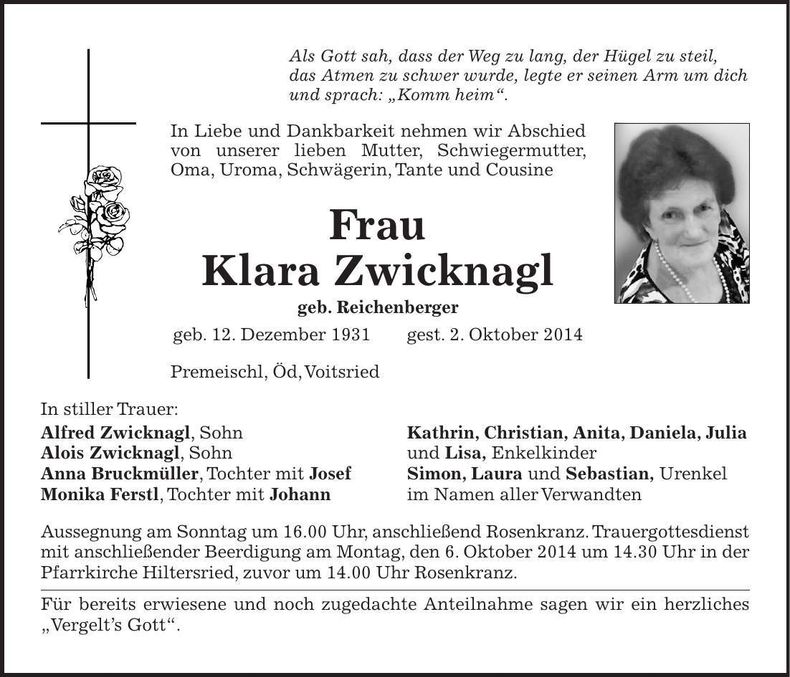 Traueranzeige Klara Zwicknagl