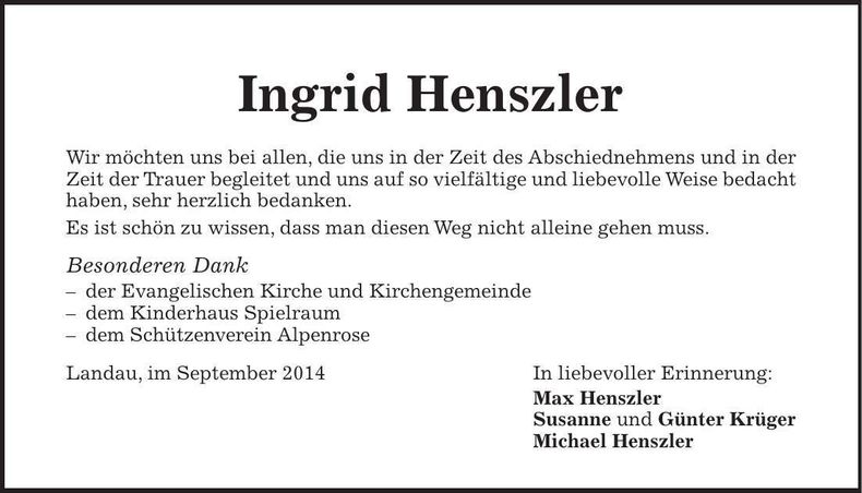 Traueranzeige Ingrid Henszler