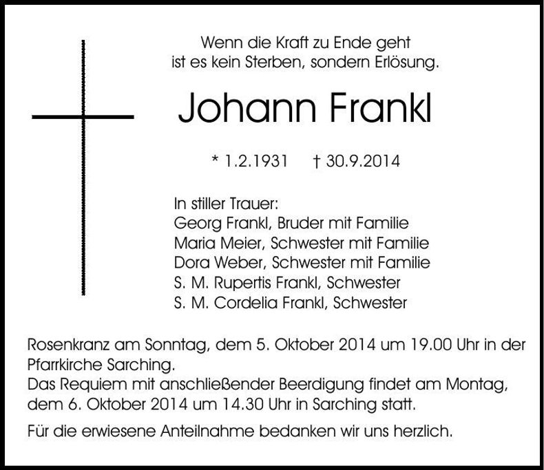 Traueranzeige Johann Frankl
