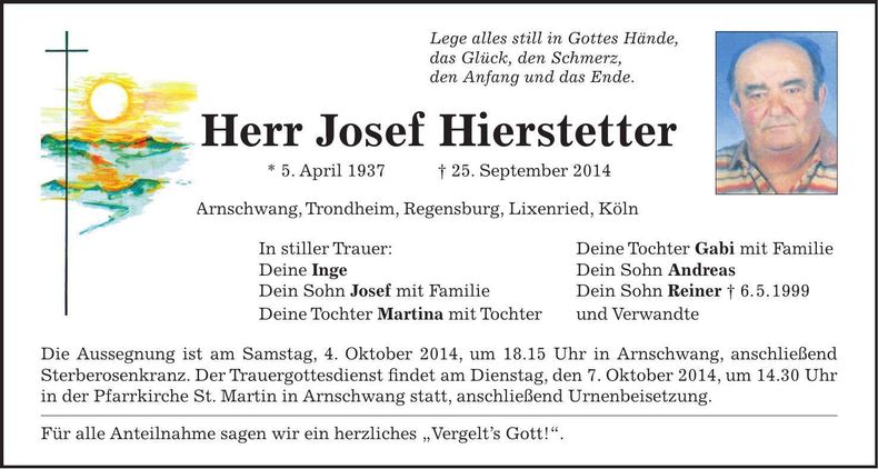 Traueranzeige Josef Hierstetter