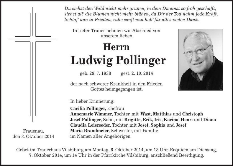 Traueranzeige Ludwig Pollinger