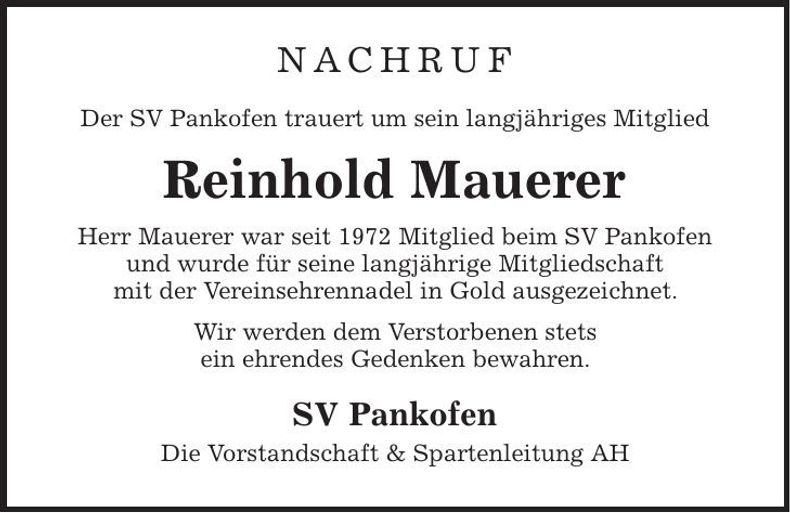 Traueranzeige Reinhold Mauerer