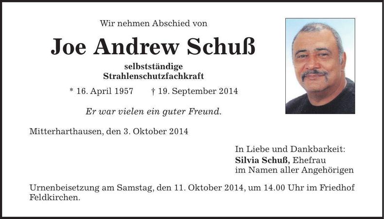 Traueranzeige Joe Andrew Schuß