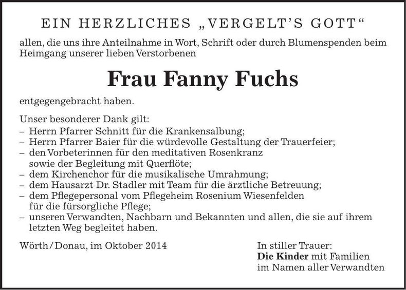 Traueranzeige Fanny Fuchs