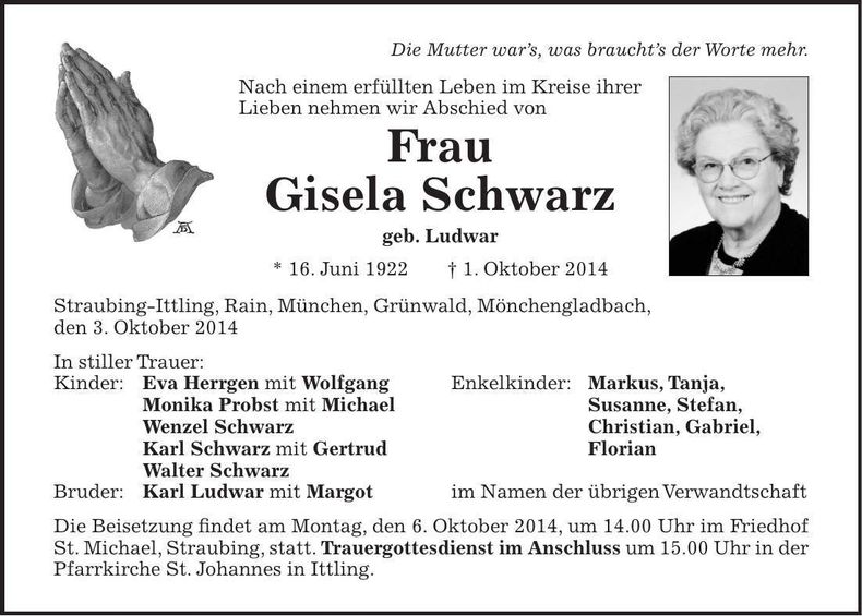 Traueranzeige Giesela Schwarz