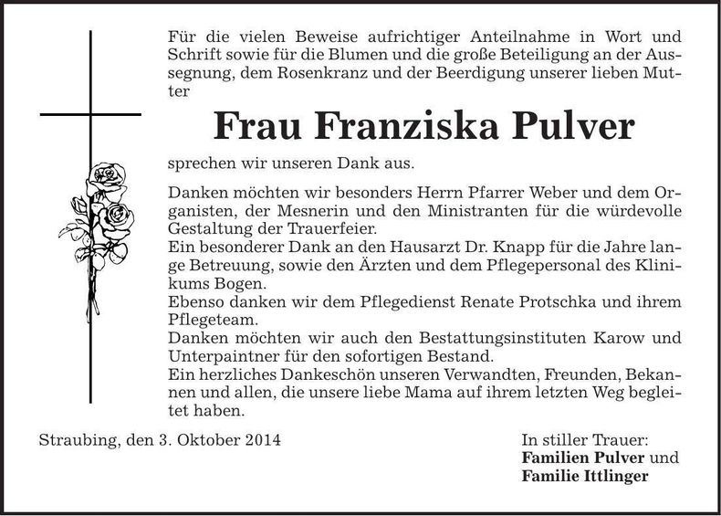 Traueranzeige Franziska Pulver