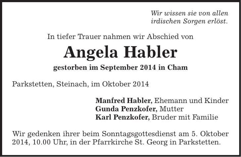 Traueranzeige Angela Habler