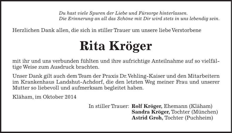 Traueranzeige Rita Kröger