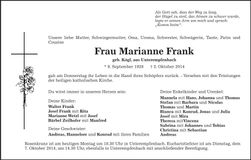 Traueranzeige Marianne Frank