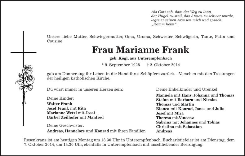 Traueranzeige Marianne Frank
