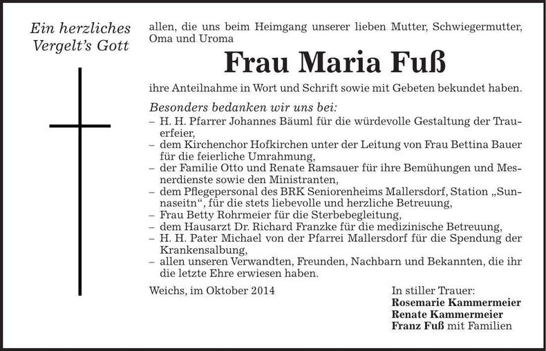 Traueranzeige Maria Fuß