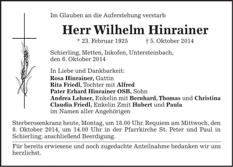 Traueranzeige Wilhelm Hinrainer