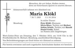 Traueranzeige Maria Klökl