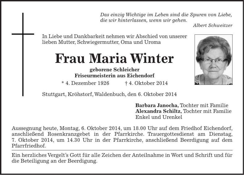 Traueranzeige Maria Winter