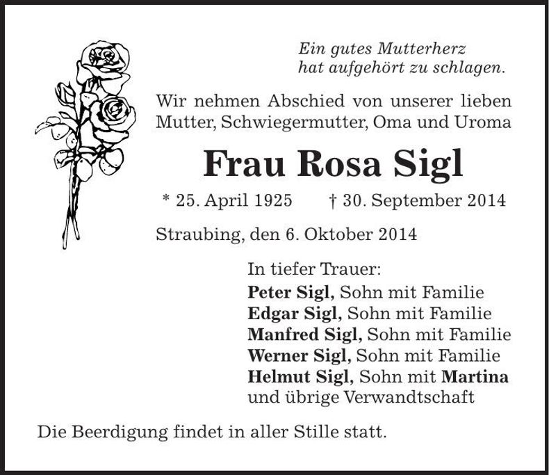 Traueranzeige Rosa Sigl