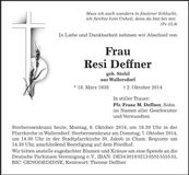 Traueranzeige Resi Deffner