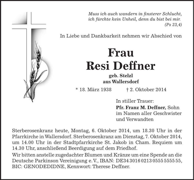 Traueranzeige Resi Deffner