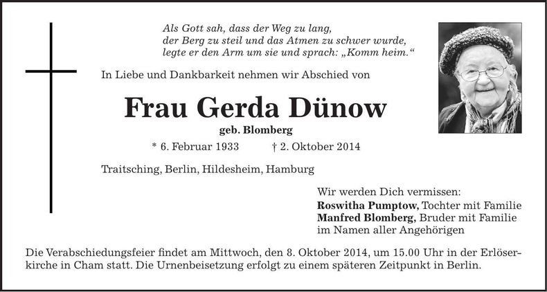 Traueranzeige Gerda Dünow