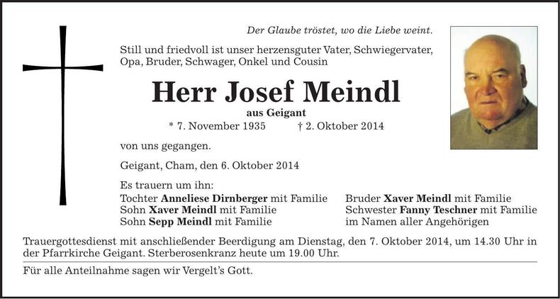 Traueranzeige Josef Meindl
