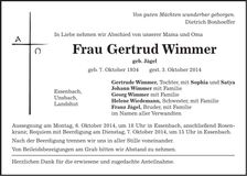 Traueranzeige Gertrud Wimmer