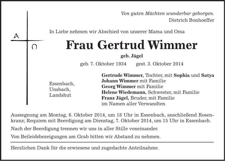 Traueranzeige Gertrud Wimmer