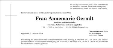 Traueranzeige Annemarie Gerndt