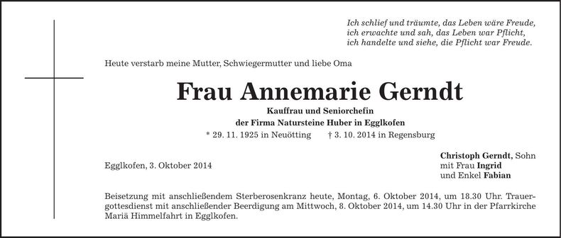 Traueranzeige Annemarie Gerndt