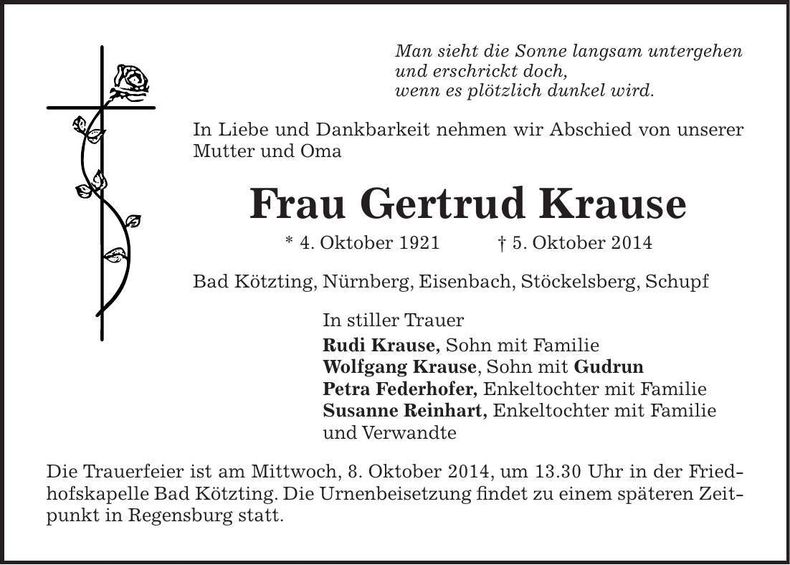 Traueranzeige Gertrud Krause