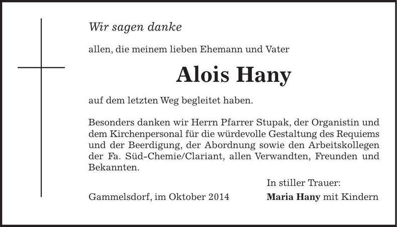 Traueranzeige Alois Hany