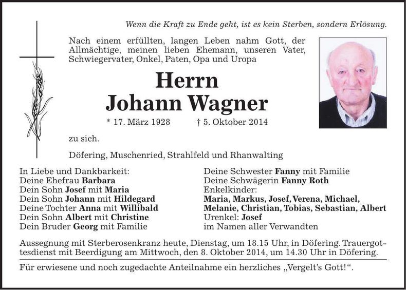 Traueranzeige Johann Wagner