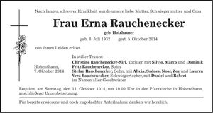 Traueranzeige Erna Rauchenecker