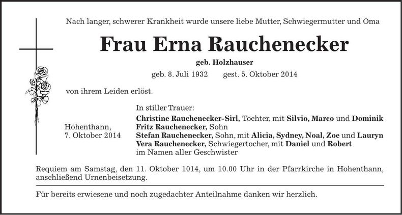 Traueranzeige Erna Rauchenecker