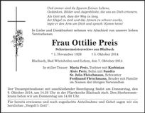 Traueranzeige Ottilie Preis