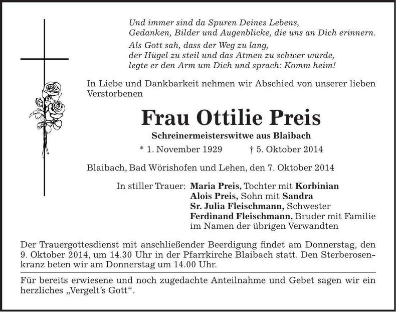 Traueranzeige Ottilie Preis