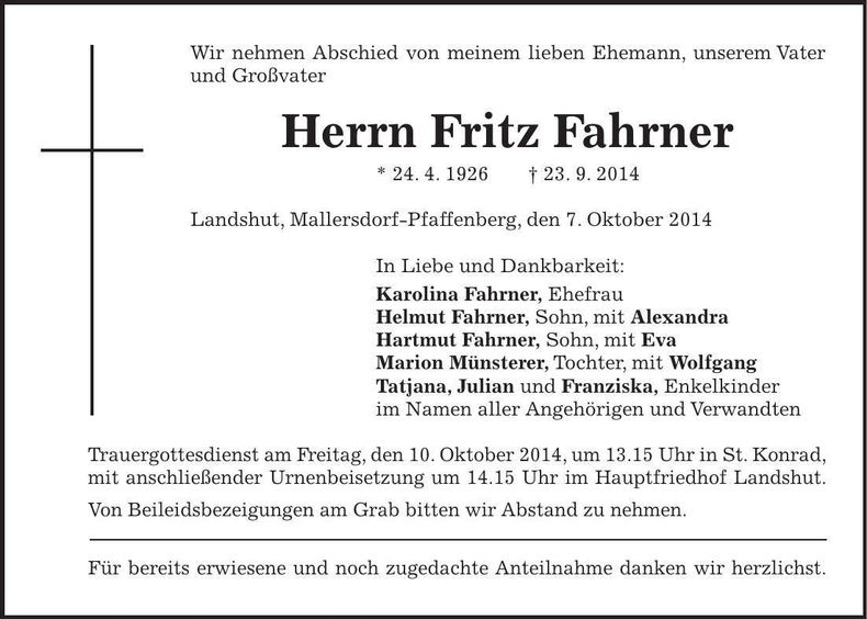 Traueranzeige Fritz Fahrner