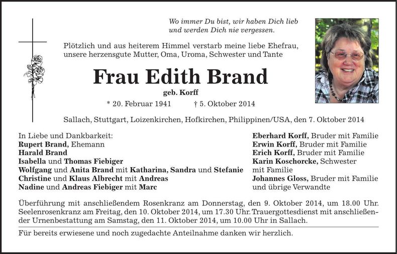 Traueranzeige Edith Brand