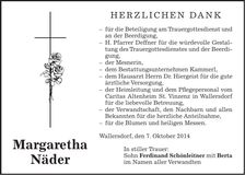 Traueranzeige Margaretha Näder