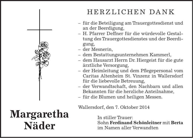 Traueranzeige Margaretha Näder
