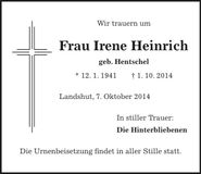 Traueranzeige Irene Heinrich