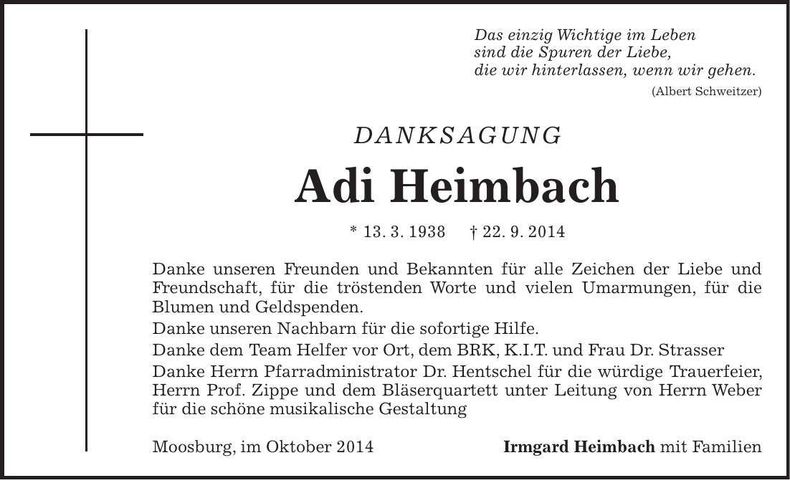 Traueranzeige Adi Heimbach