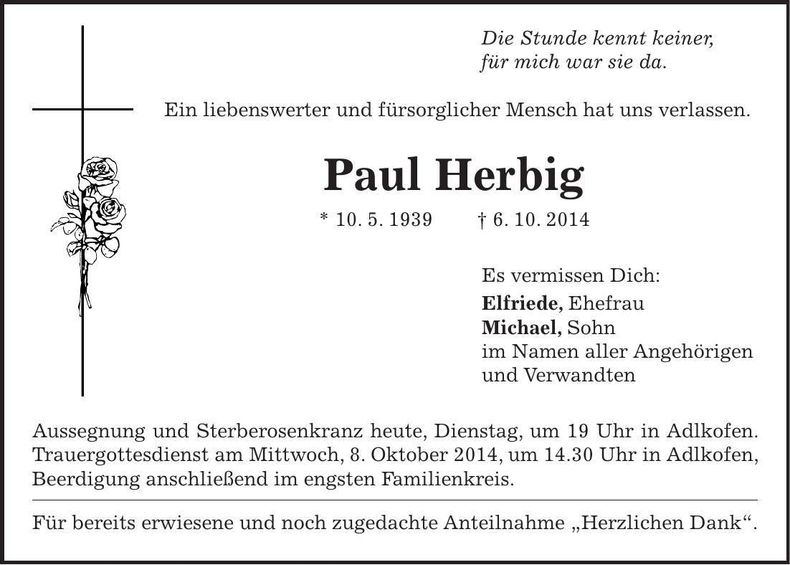 Traueranzeige Paul Herbig