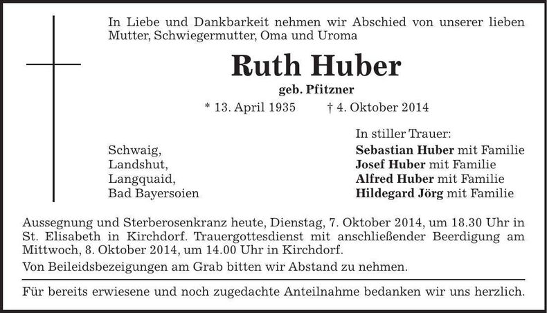 Traueranzeige Ruth Huber