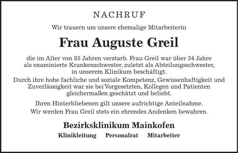 Traueranzeige Auguste Greil