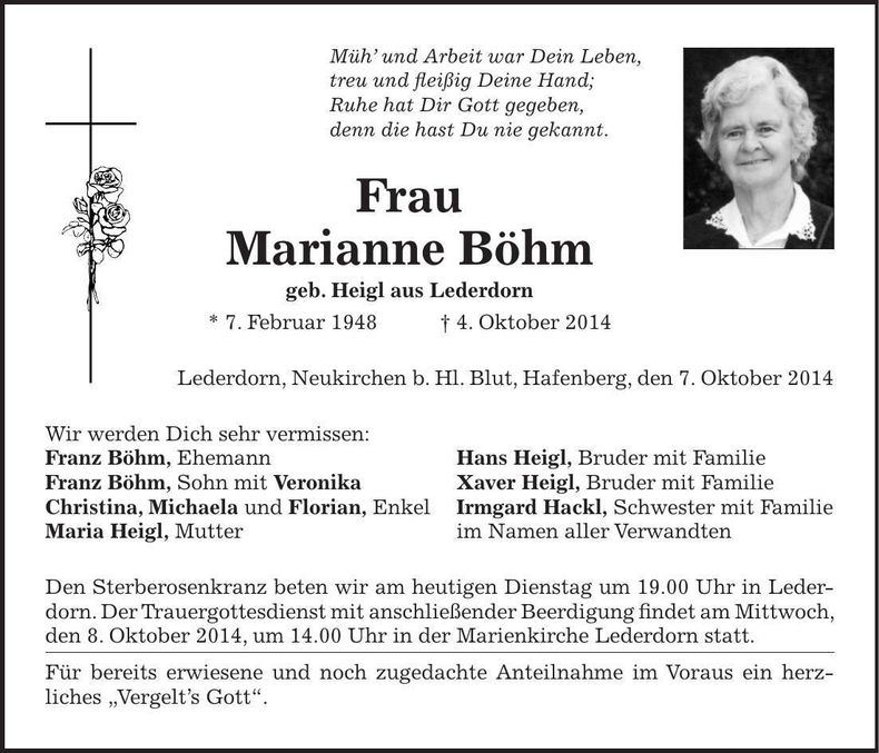 Traueranzeige Marianne Böhm